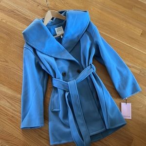 Avec Les Filles Belted Hooded Twill Wrap Coat XL royal blue NWT